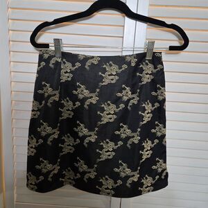 Vintage 90s Y2k Black & Gold Satin Brocade Dragon Mini Skirt Small Goth PinUp